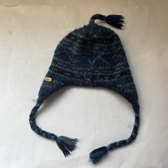 Vintage Chaos Ear Flap Hat Beanie Knit Soft Winter Warm Blue Gray Pom Pom - Picture 7 of 11